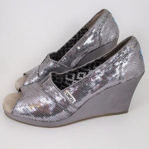 Toms 8 Wedge Peep Toe Stella Sequin Silver Dance